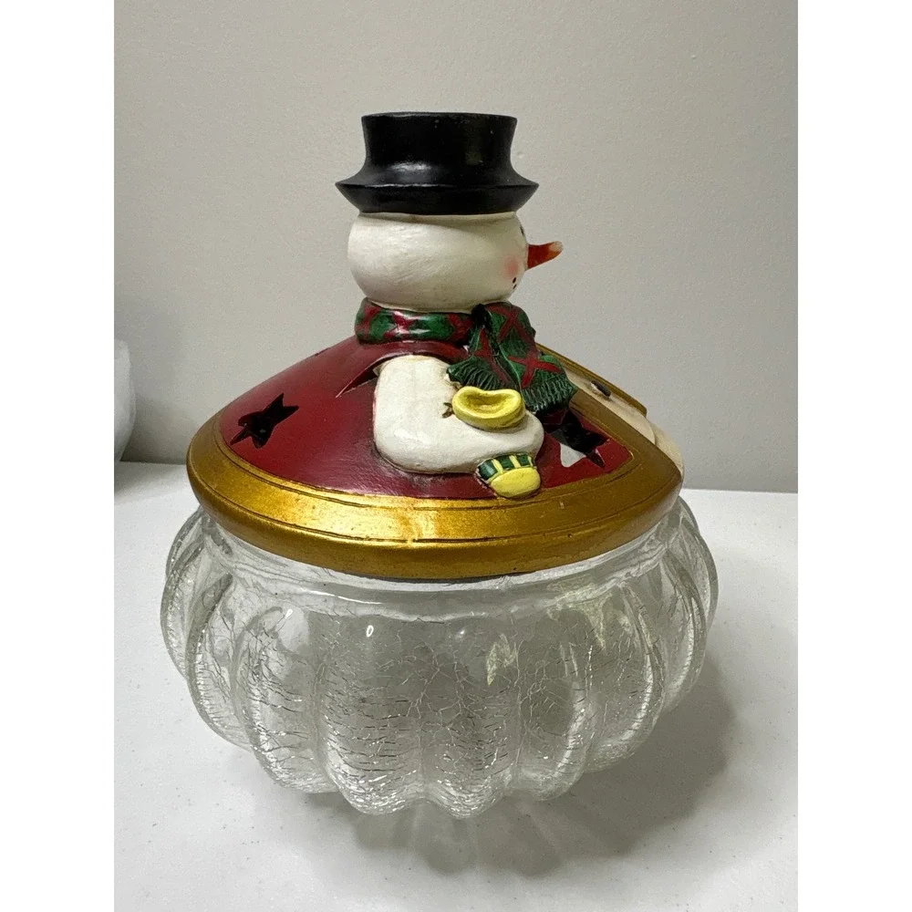 Vintage Christmas Snowman‎ Glass Candy Dish Holiday Decoration Jar